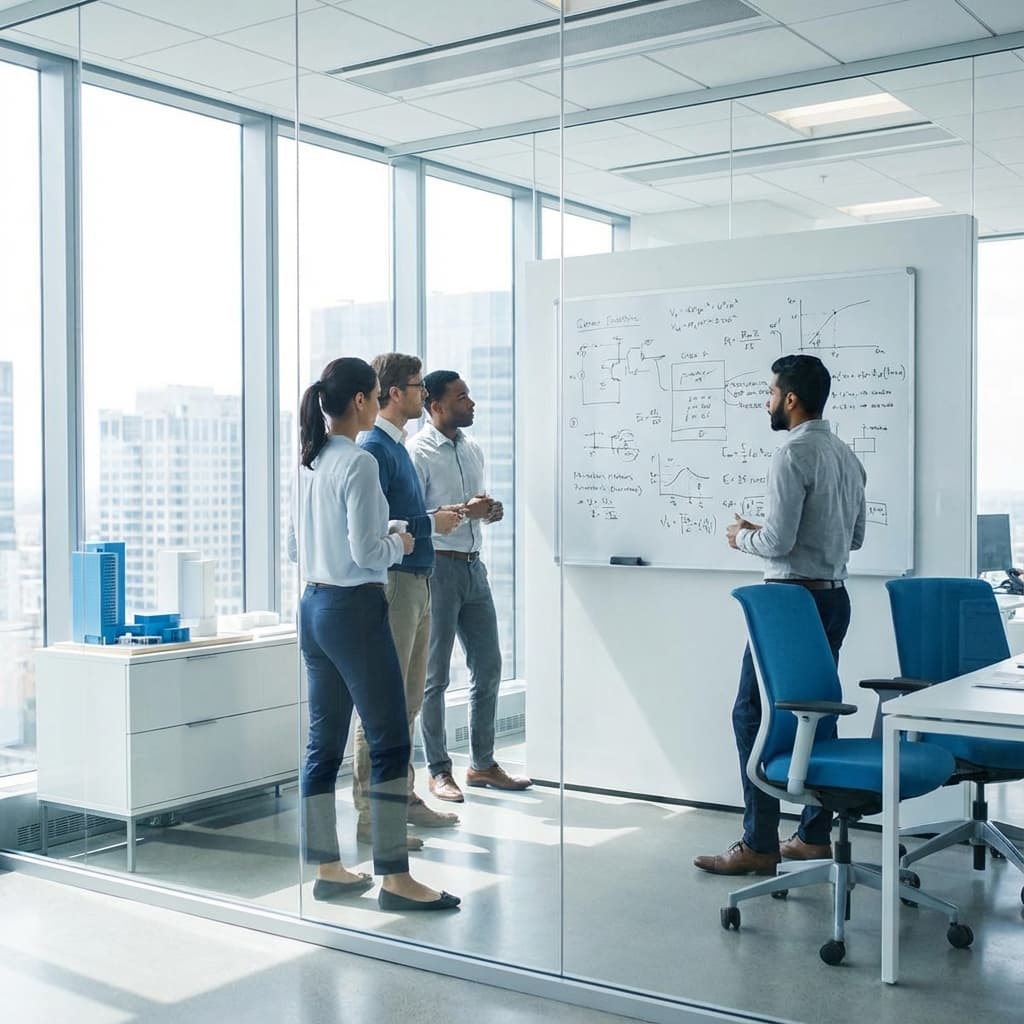 Team collaborating on a whiteboard
